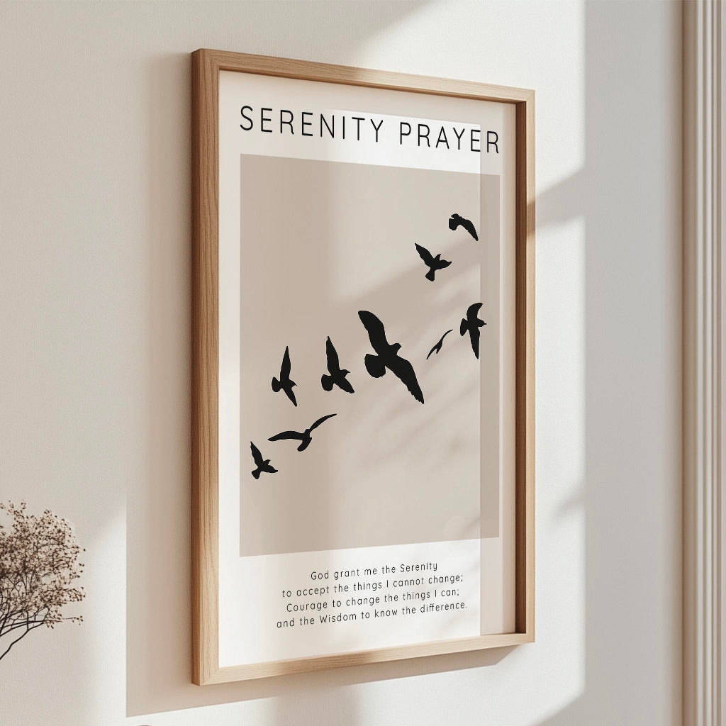 Serenity Prayer - Faith based wall art featuring serene bird silhouettes and comforting prayer for courage, wisdom and acceptance.