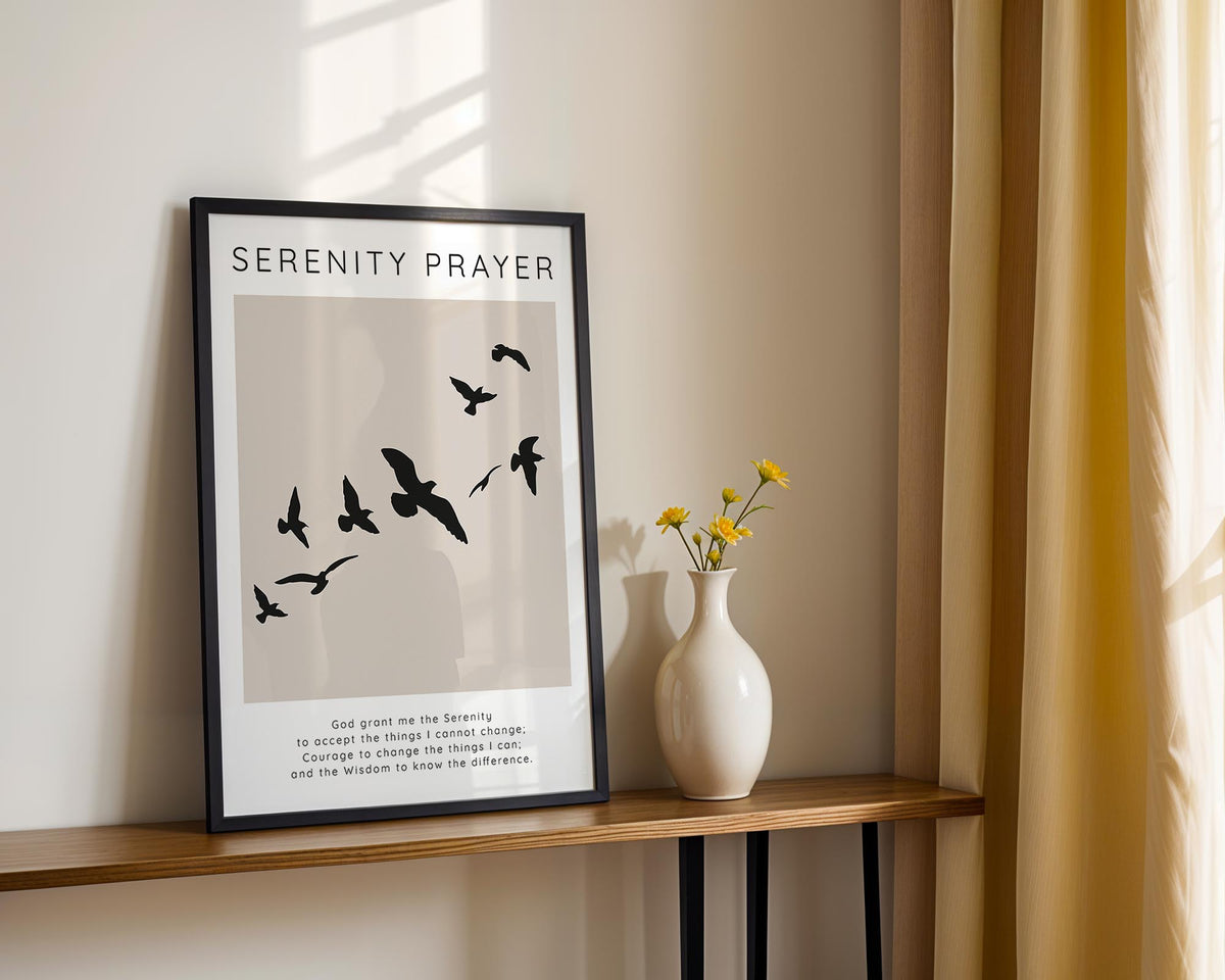 Serenity Prayer - Inspirational Christian wall art with peaceful bird imagery and calming neutral tones for reflection and sobriety gifts.