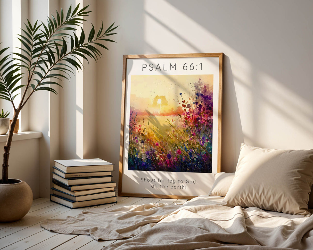 Psalm 66:1 – Bible verse wall art featuring colourful meadow flowers and scripture about praising God with joy.