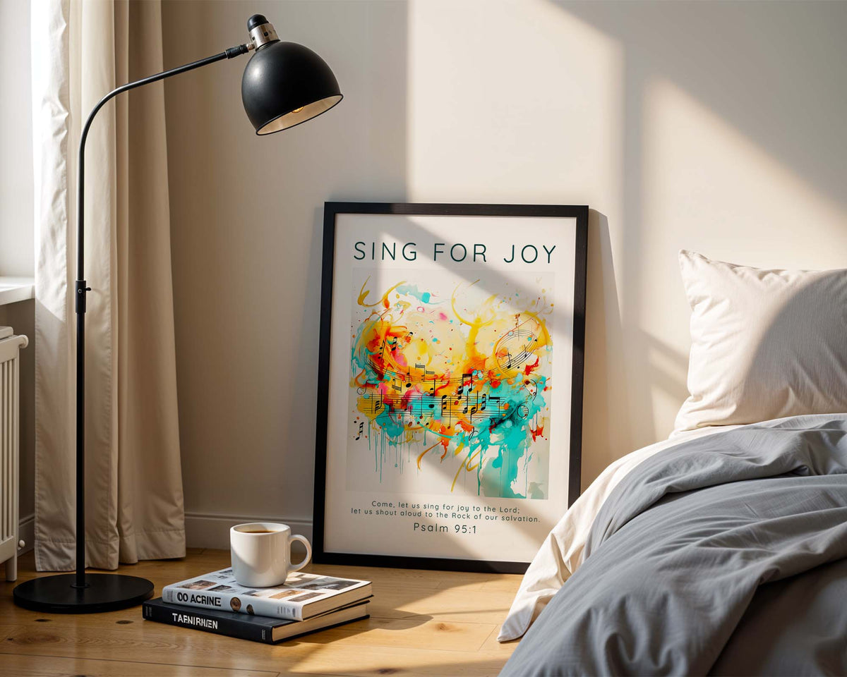 Psalm 95:1 – Colourful abstract Christian wall art with musical notes and joyful praise theme.