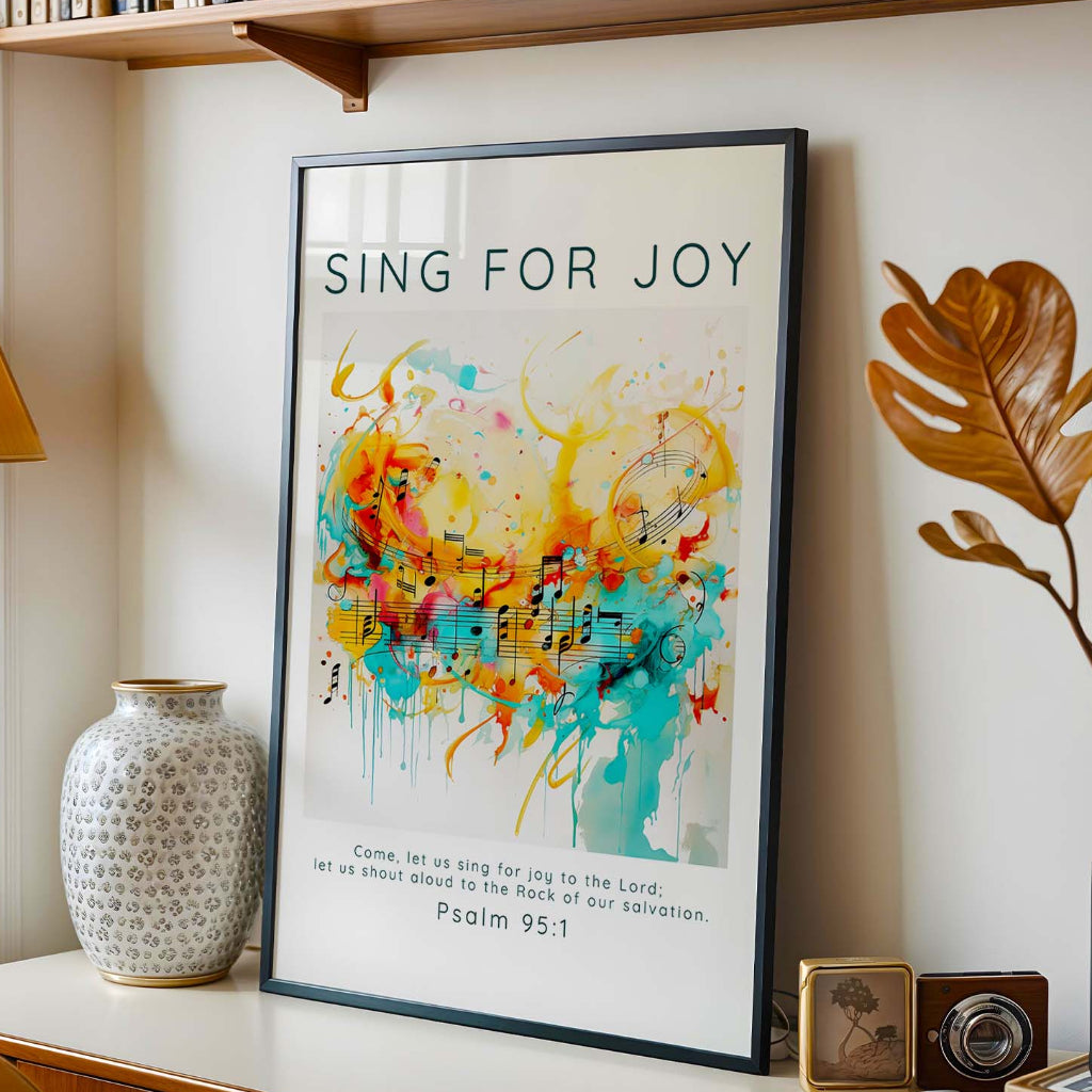 Psalm 95:1 – Bible verse art print with musical motif and joyful Christian message.