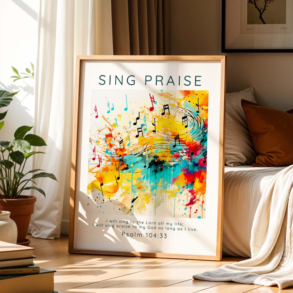 Psalm 104:33 – Vibrant Bible verse print featuring joyful musical notes