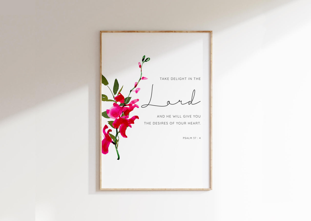 Psalm 37:4 - Take delight in the Lord Christian wall art with subtle red orchid motif, Bible verse faith decor.
