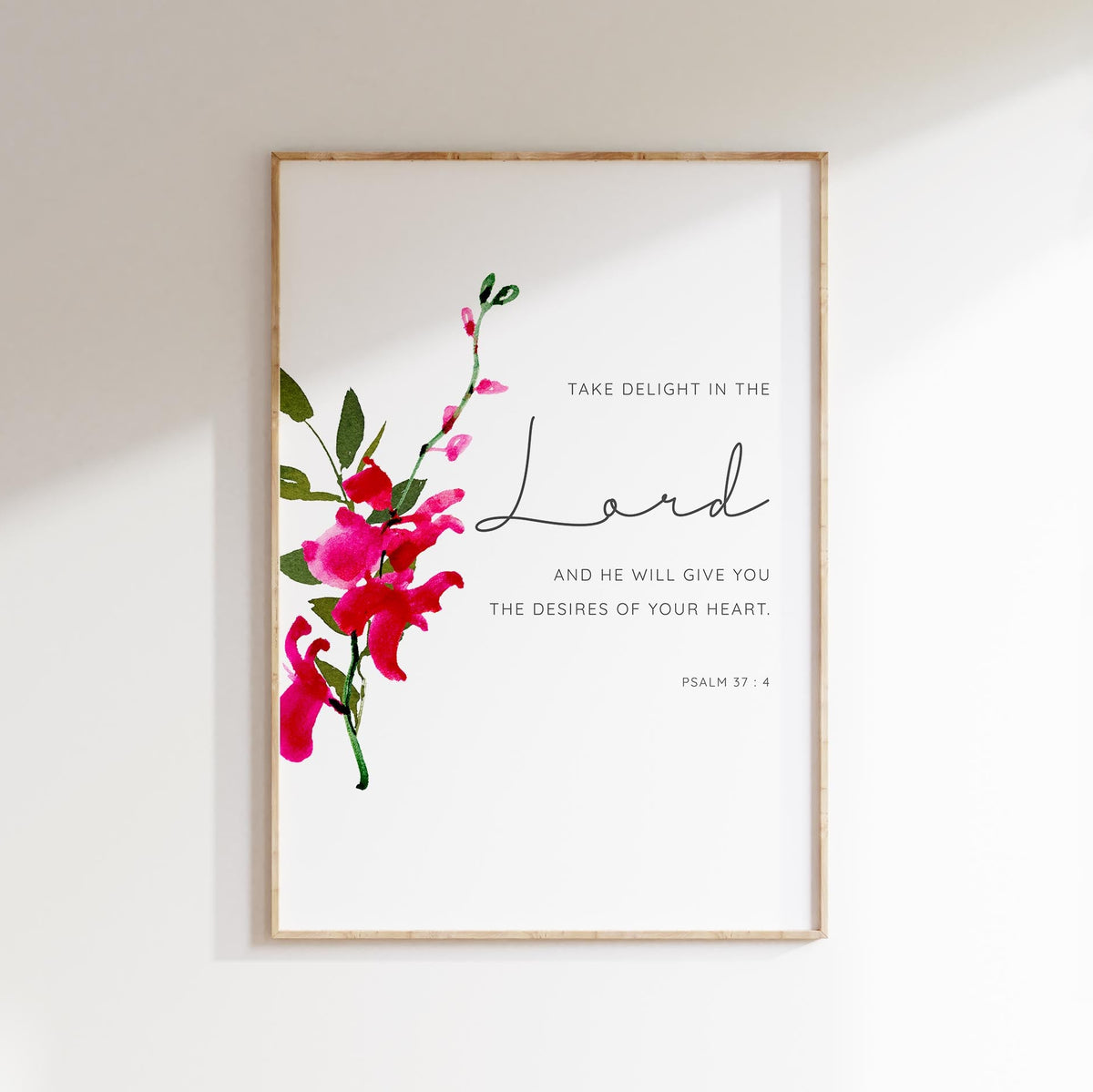 Psalm 37:4 - Take delight in the Lord Christian wall art with subtle red orchid motif, Bible verse faith decor.