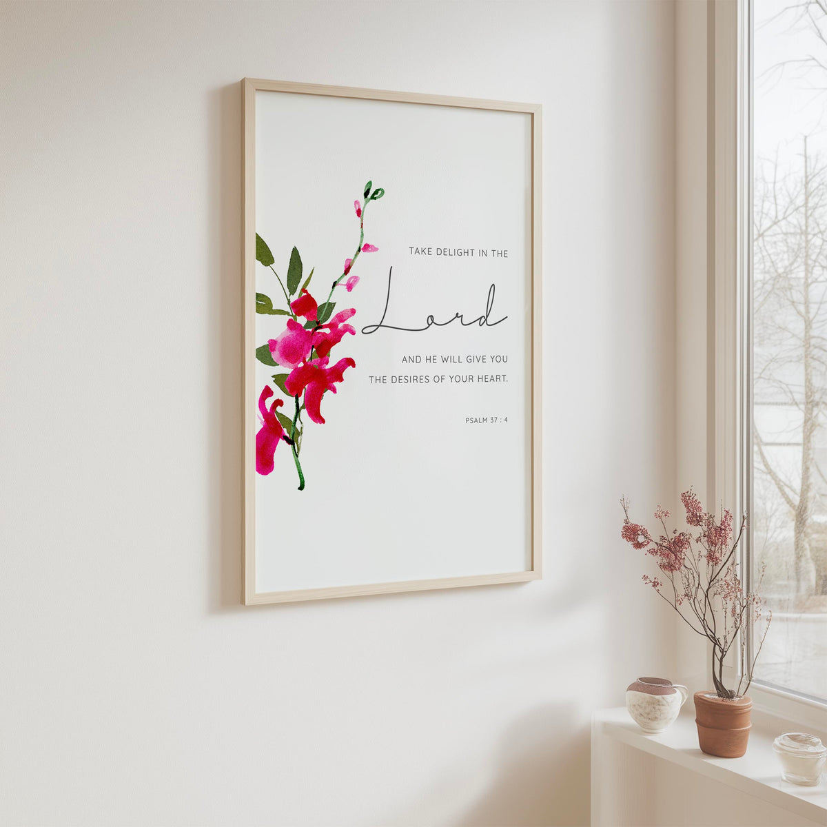 Psalm 37:4 - Take delight in the Lord Bible verse wall art featuring minimalist red orchid design, Christian home decor.