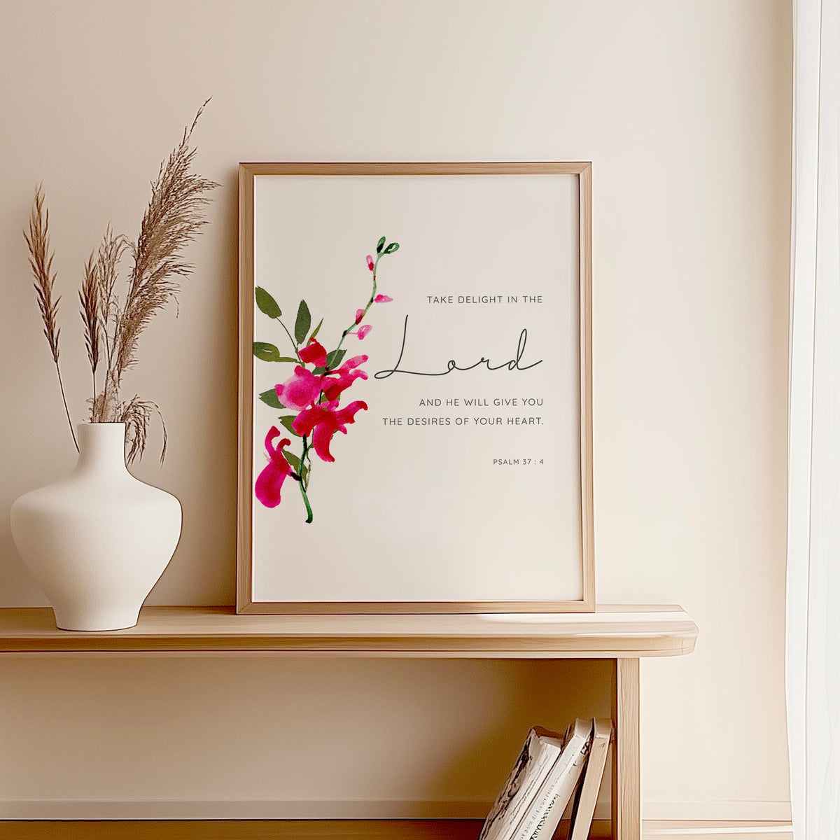 Psalm 37:4 - Christian wall art print with take delight in the Lord scripture and elegant red orchid illustration.