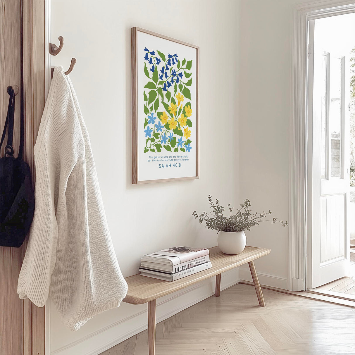 Isaiah 40:8 - Christian wall art print with the grass withers scripture, elegant blue and yellow faith home decor.