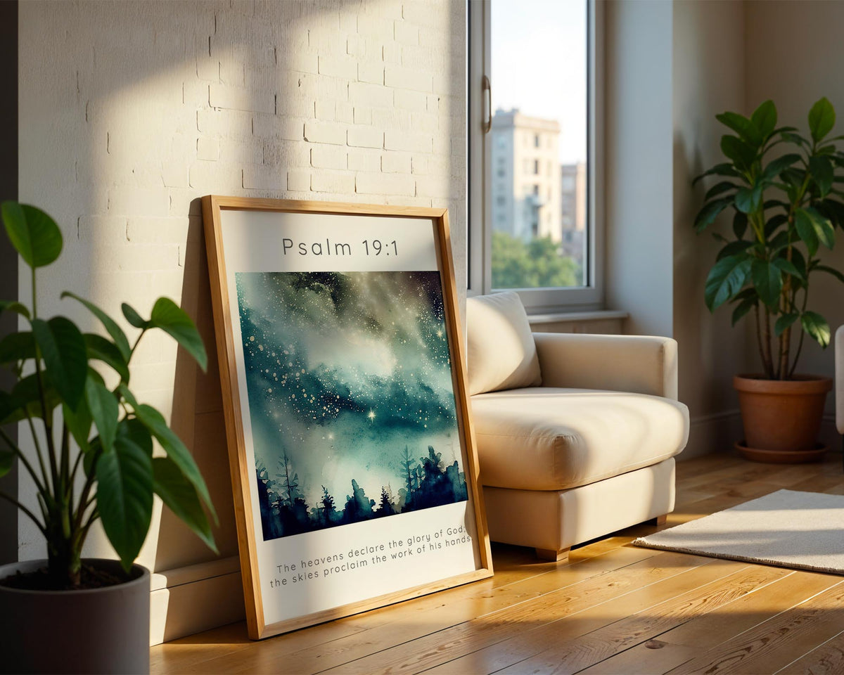 Psalm 19:1 – Christian wall art featuring celestial watercolour design and scripture.