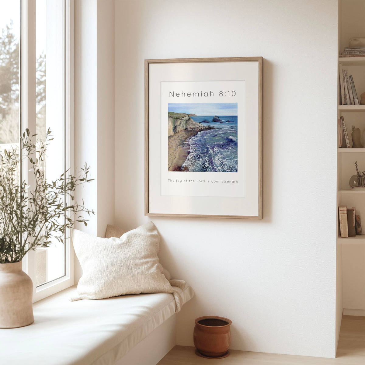 Nehemiah 8:10 scripture print with a seaside scene to bring peace, strength, and joy into your space.