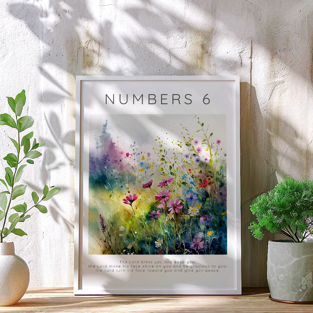 Numbers 6:24-26 – Colourful meadow Bible verse print with wildflowers.