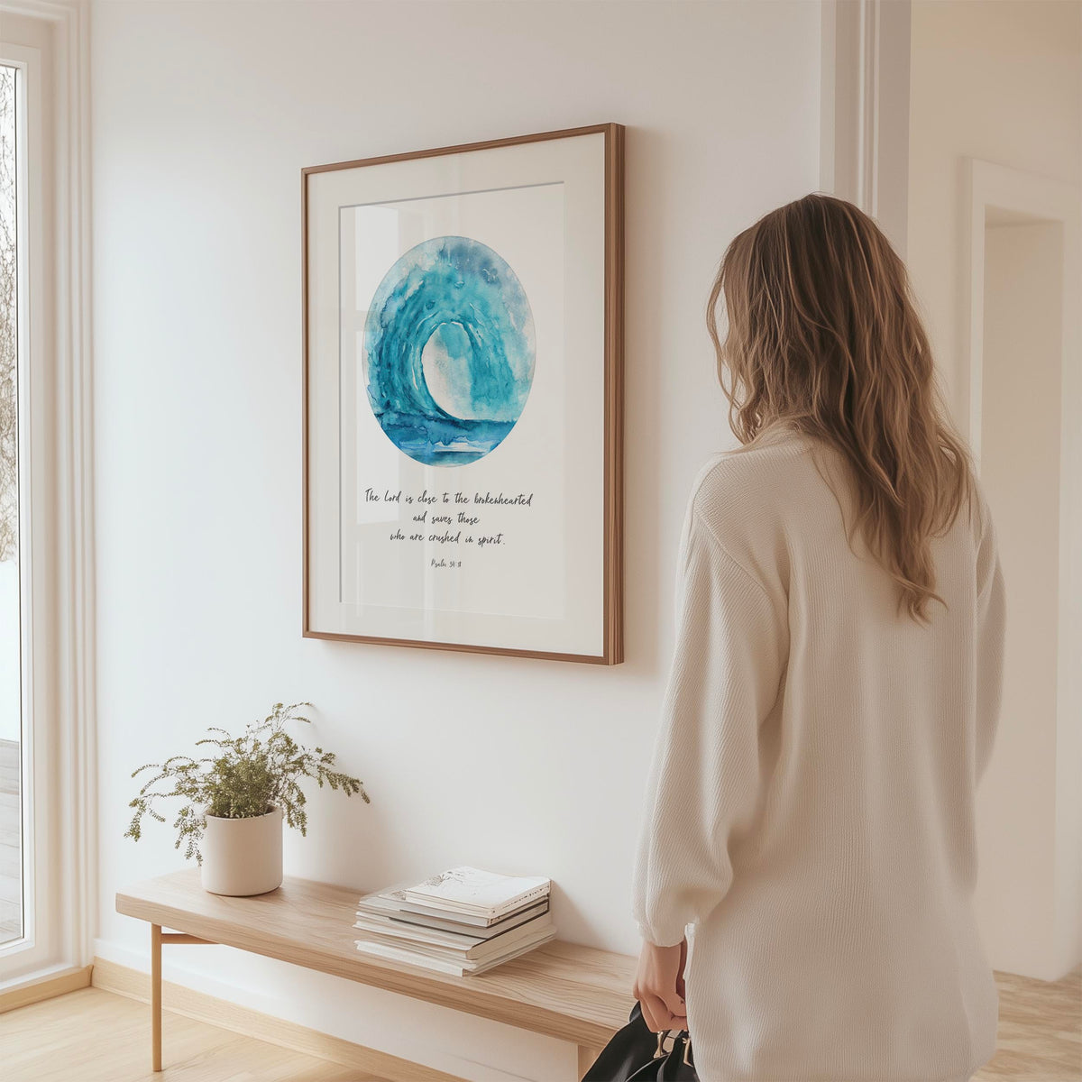 Serene Christian art print showing a soft turquoise wave with Psalm 34:18, symbolising God’s closeness, comfort, and peace.