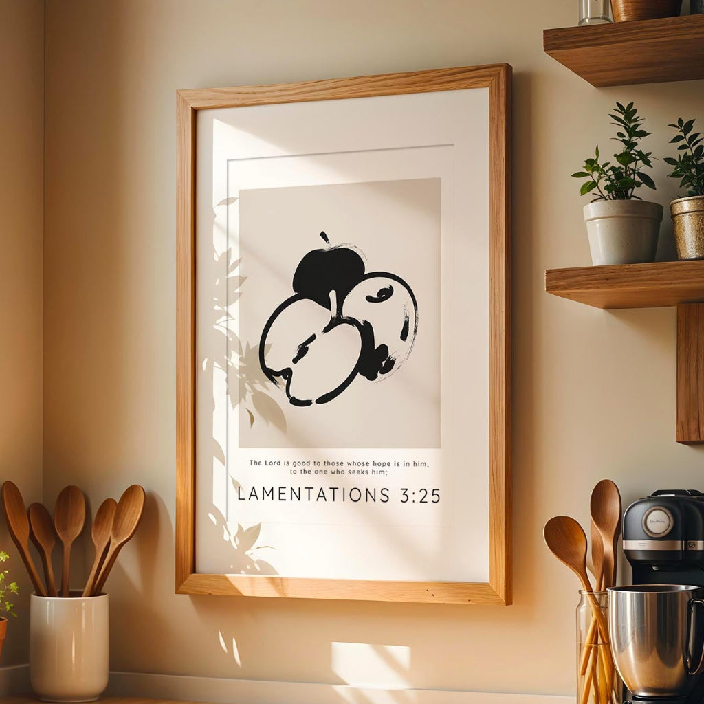 Lamentations 3:25 – Modern Christian wall art with line art apples and comforting Bible verse about God’s goodness.