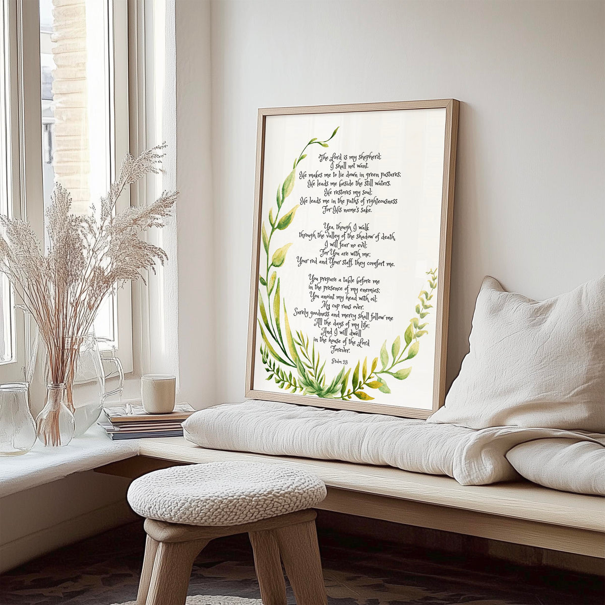Psalm 23 – Bible verse wall art featuring botanical wreath design and Psalm 23 scripture about God’s guidance and care.