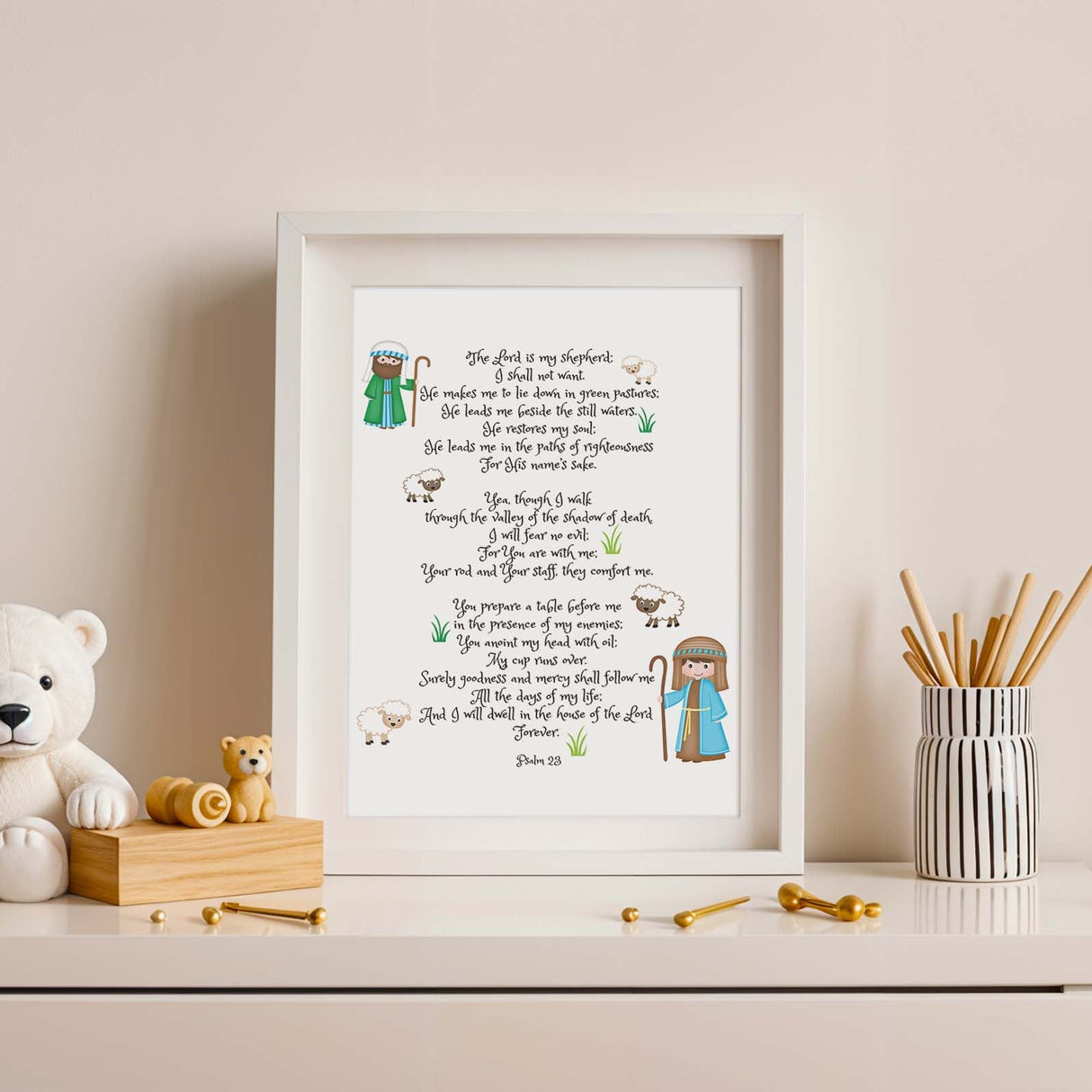 Psalm 23 – Christian scripture wall art with sheep illustration and verse offering comfort, peace and guidance.