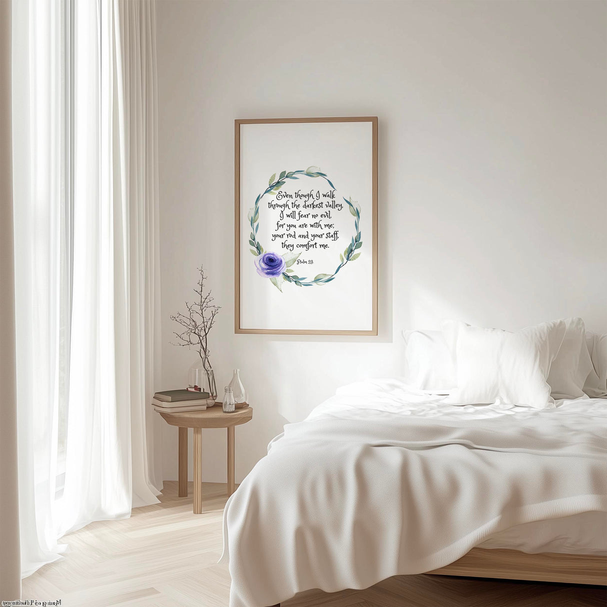 Psalm 23:4 Bible verse print with elegant typography, surrounded by a calming green watercolour foliage wreath and subtle floral detail.