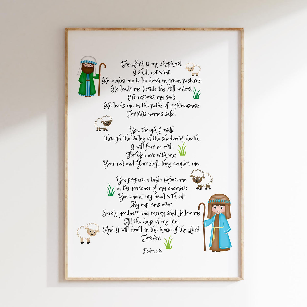 Psalm 23 – Christian wall art print with gentle shepherd and sheep illustration and Bible verse about God’s loving care.