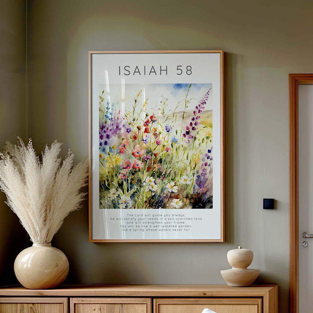 Isaiah 58:11 – Christian wall art floral design with encouraging scripture.