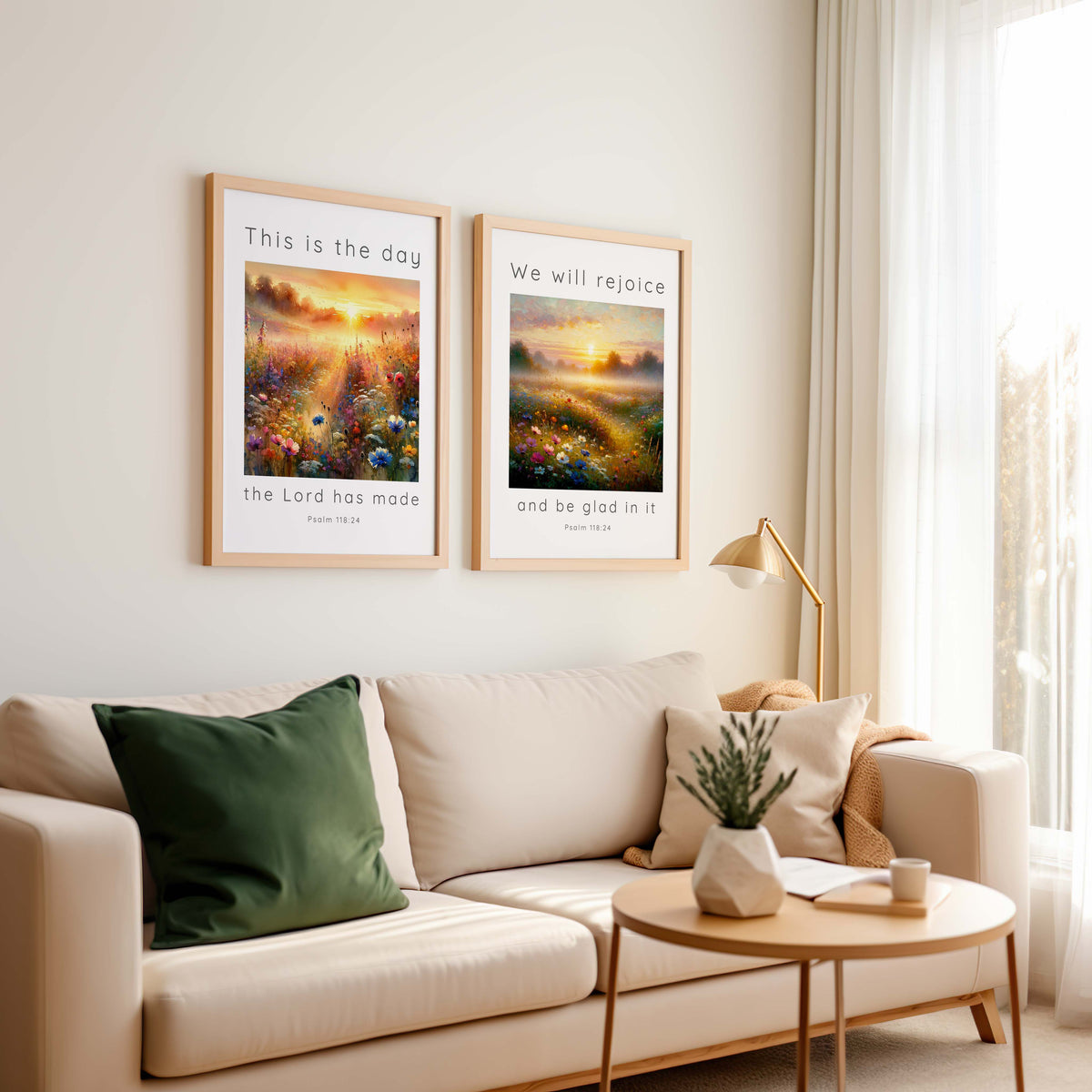 Psalm 118:24 – Christian wall art set with warm yellow meadow design and uplifting scripture about joy and gratitude.