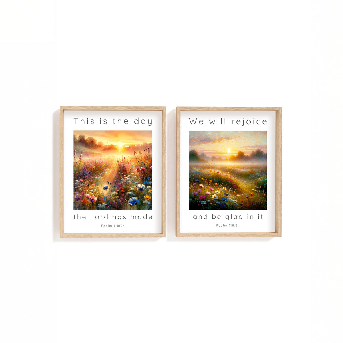 Psalm 118:24 – Scripture wall art pair with sunrise landscape and Bible verse celebrating joy in the Lord’s day.