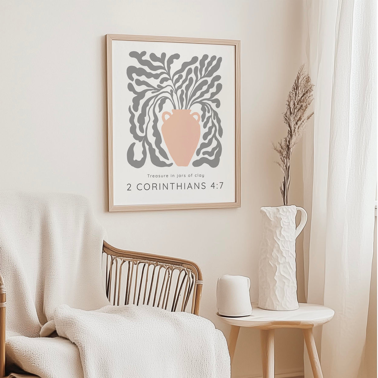2 Corinthians 4:7 - Christian wall art print featuring peach vase with delicate grey vine and Bible verse Treasure in jars of clay.