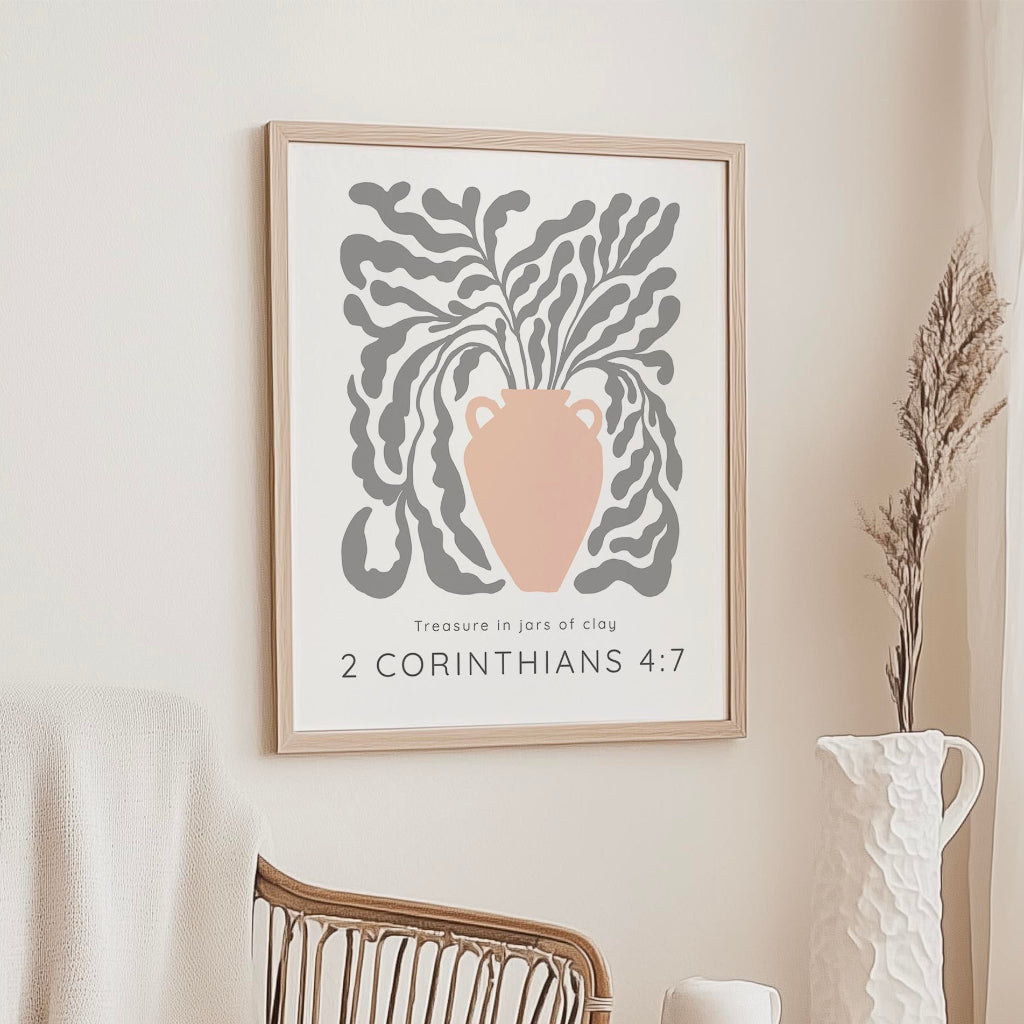 2 Corinthians 4:7 - Christian wall art print featuring peach vase with delicate grey vine and Bible verse Treasure in jars of clay.