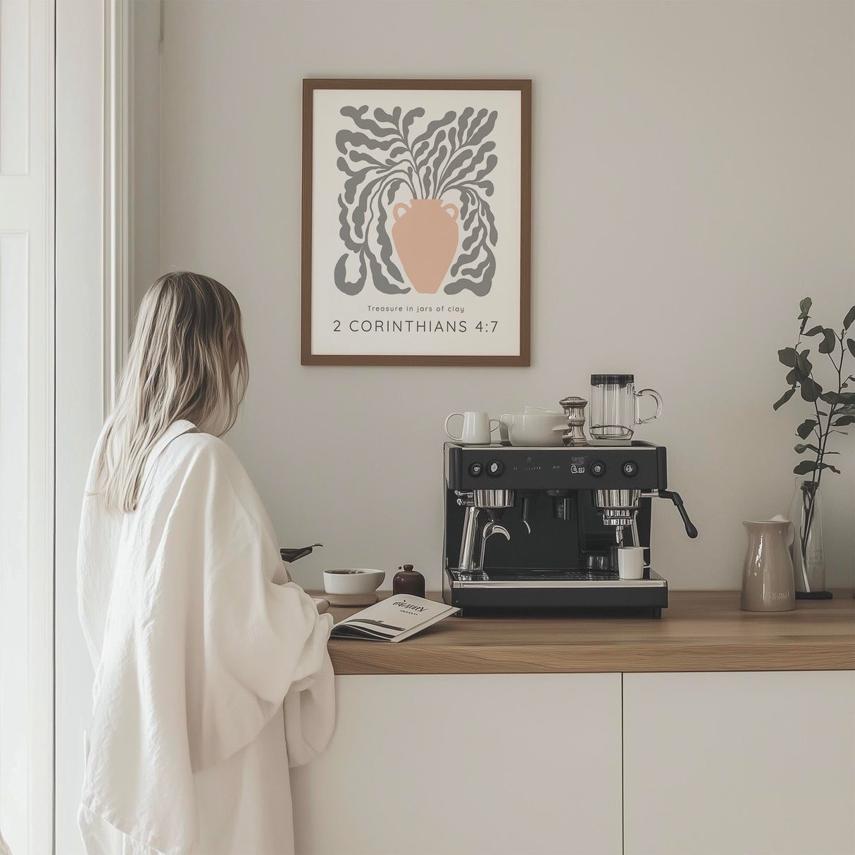 2 Corinthians 4:7 - Inspirational Christian wall art showing elegant vase illustration with scripture about strength and faith.