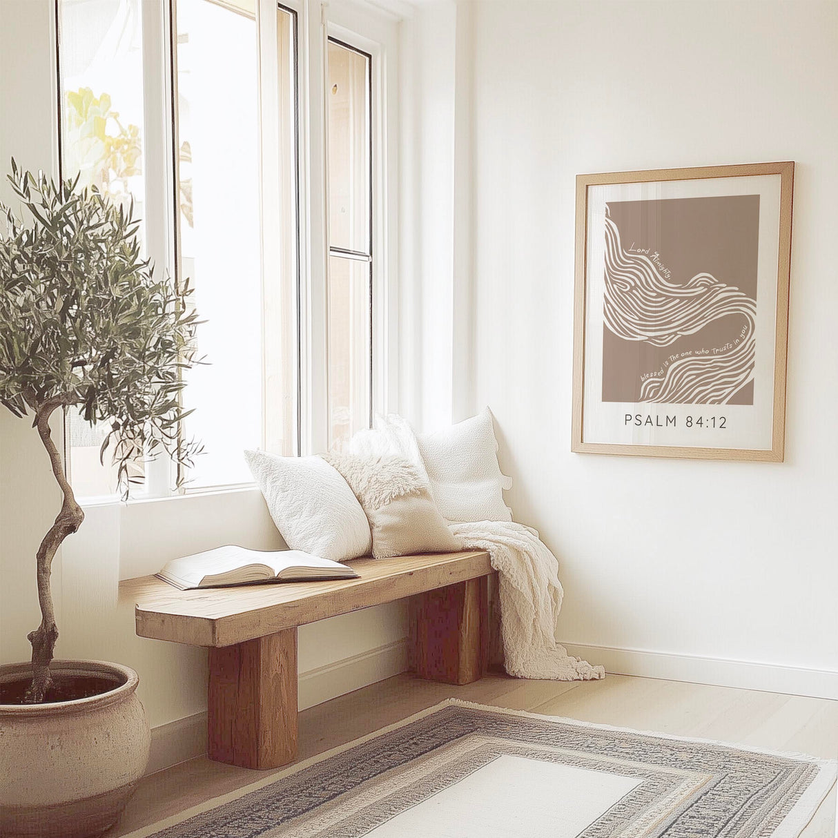 Psalm 84:12 - Christian wall art print with abstract white river flowing across tan background featuring Blessed is the one who trusts in You Bible verse.