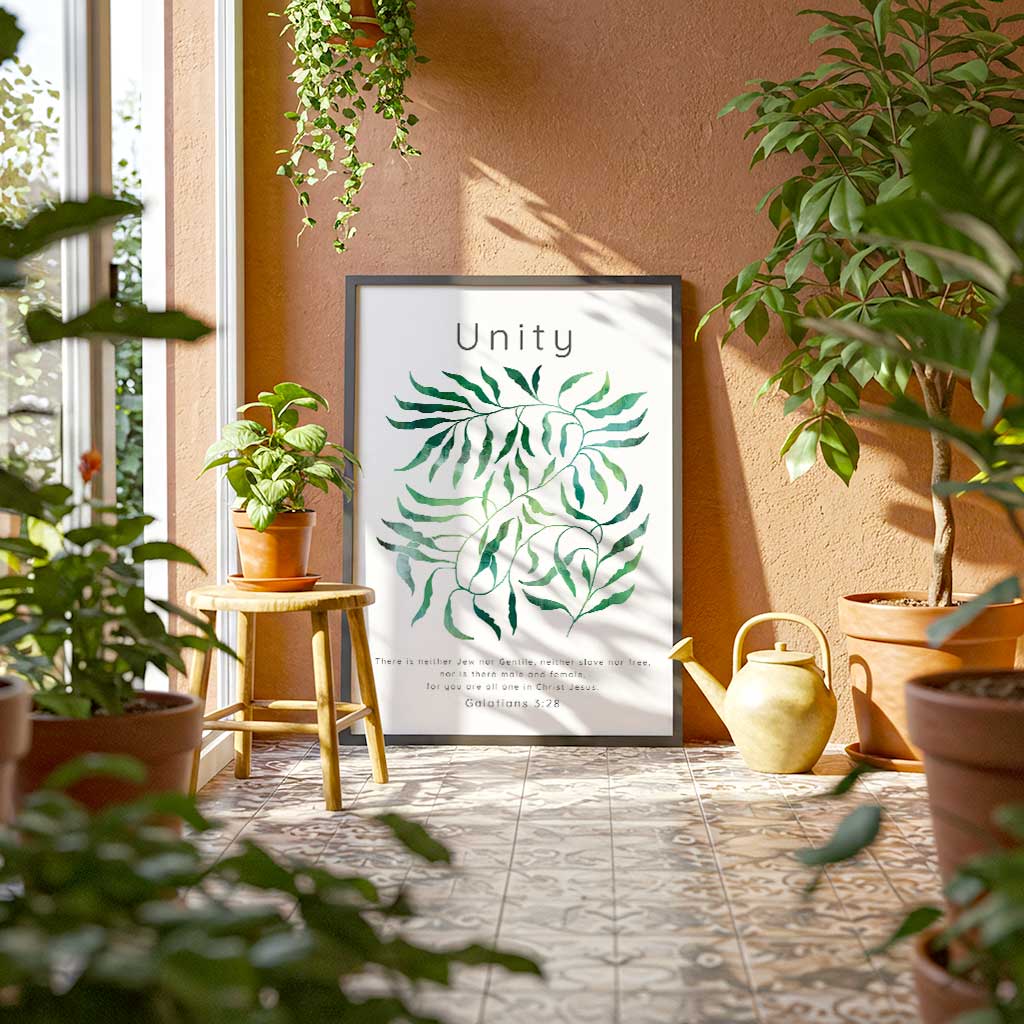 Galatians 3:28 - Christian wall art featuring flowing botanical illustration with Galatians 3:28 unity Bible verse.