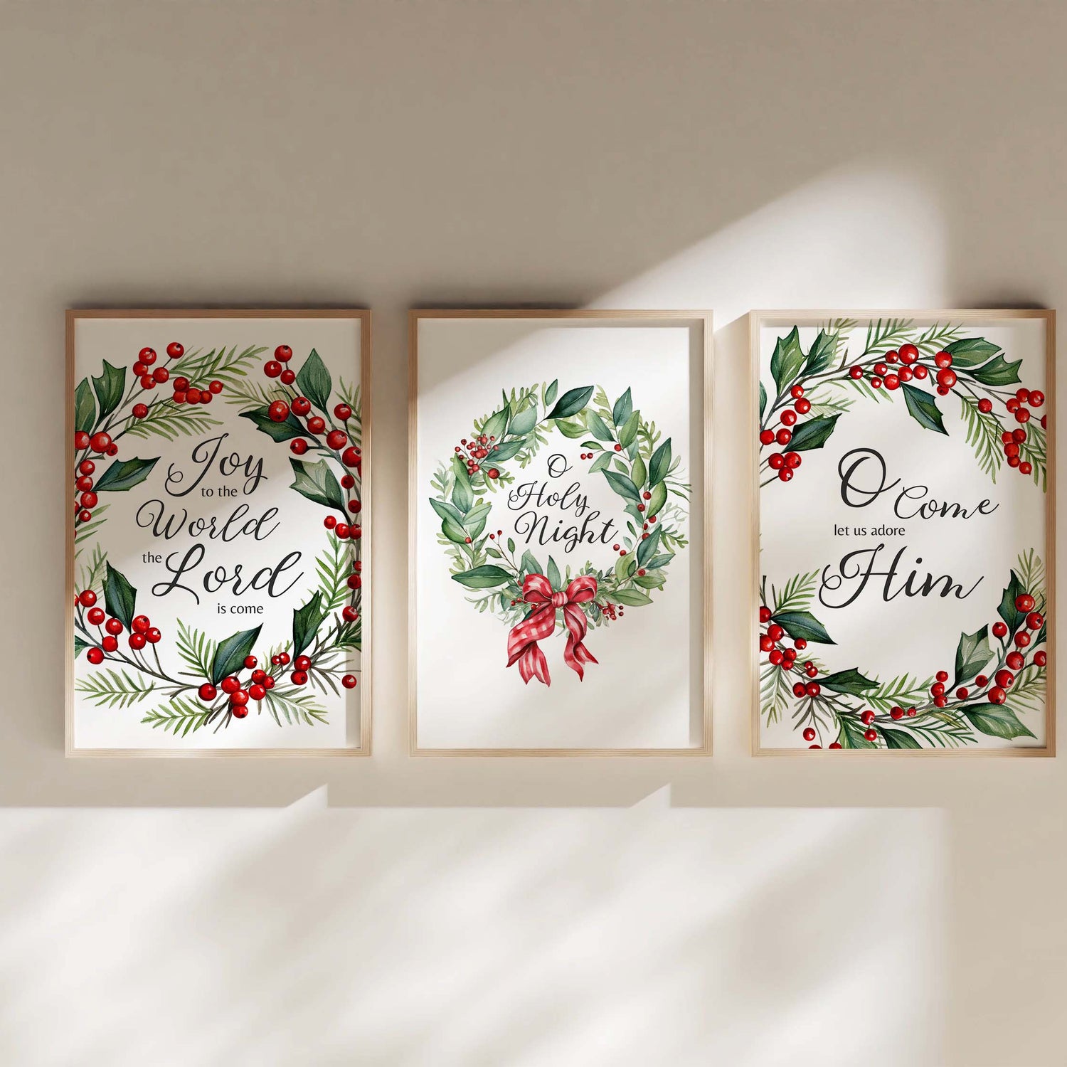 Holiday decor print set with wreaths and famous Christmas carols. Classic Christmas carol art prints surrounded by holly wreaths.