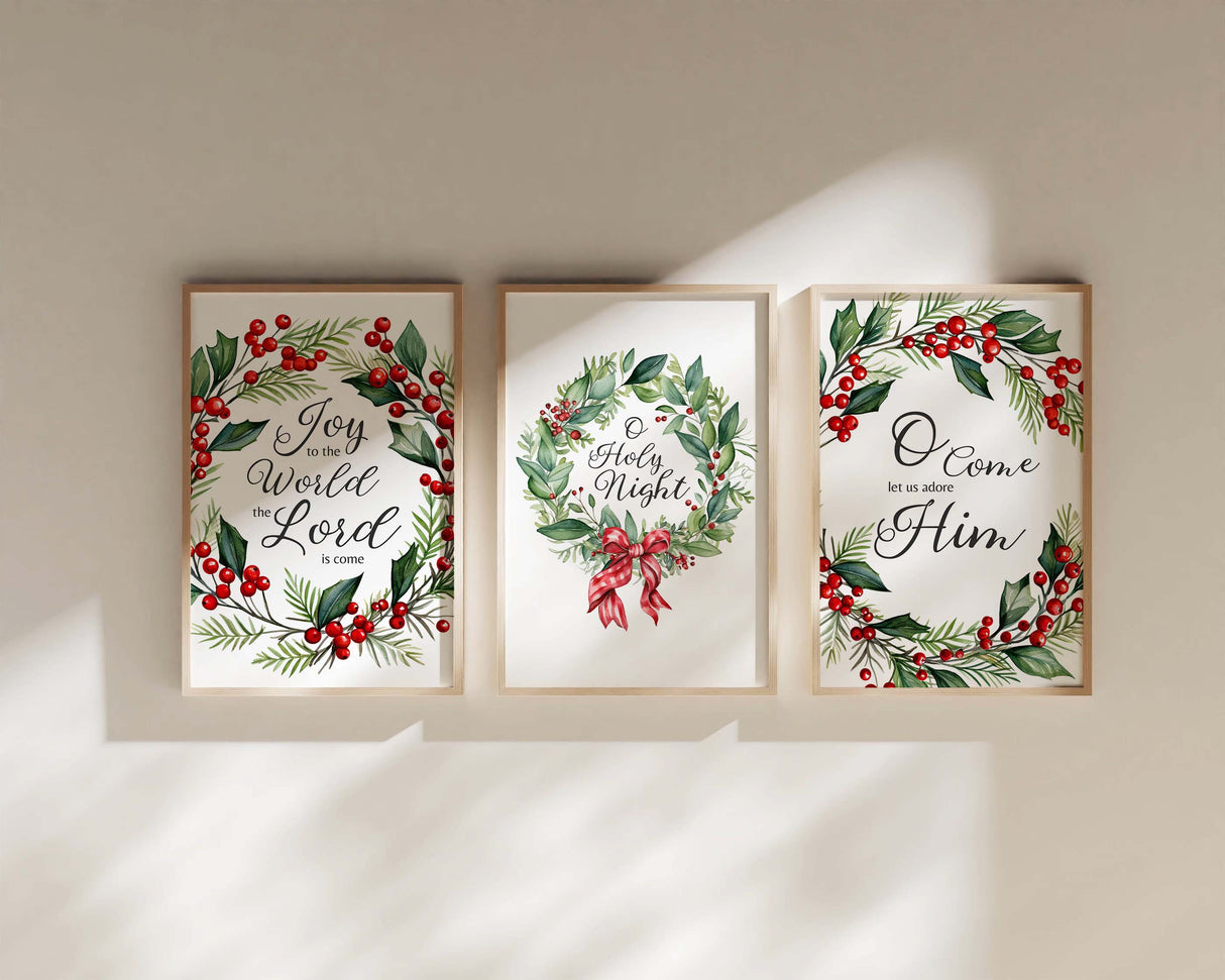 Holiday decor print set with wreaths and famous Christmas carols. Classic Christmas carol art prints surrounded by holly wreaths.