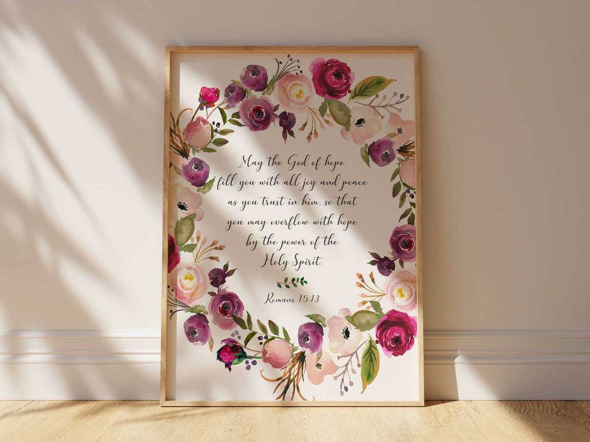 Pink watercolour flower Bible quote artwork, Romans 15:13 verse print with burgundy floral design, Spiritual wall decor