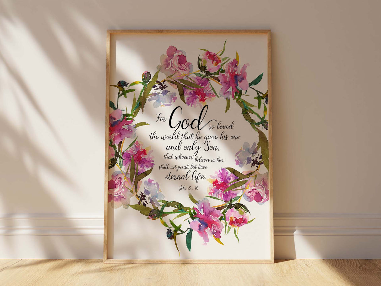 John 3:16 floral wall art, Christian scripture floral decor, Inspirational Bible verse artwork, Faith-inspired wall decor