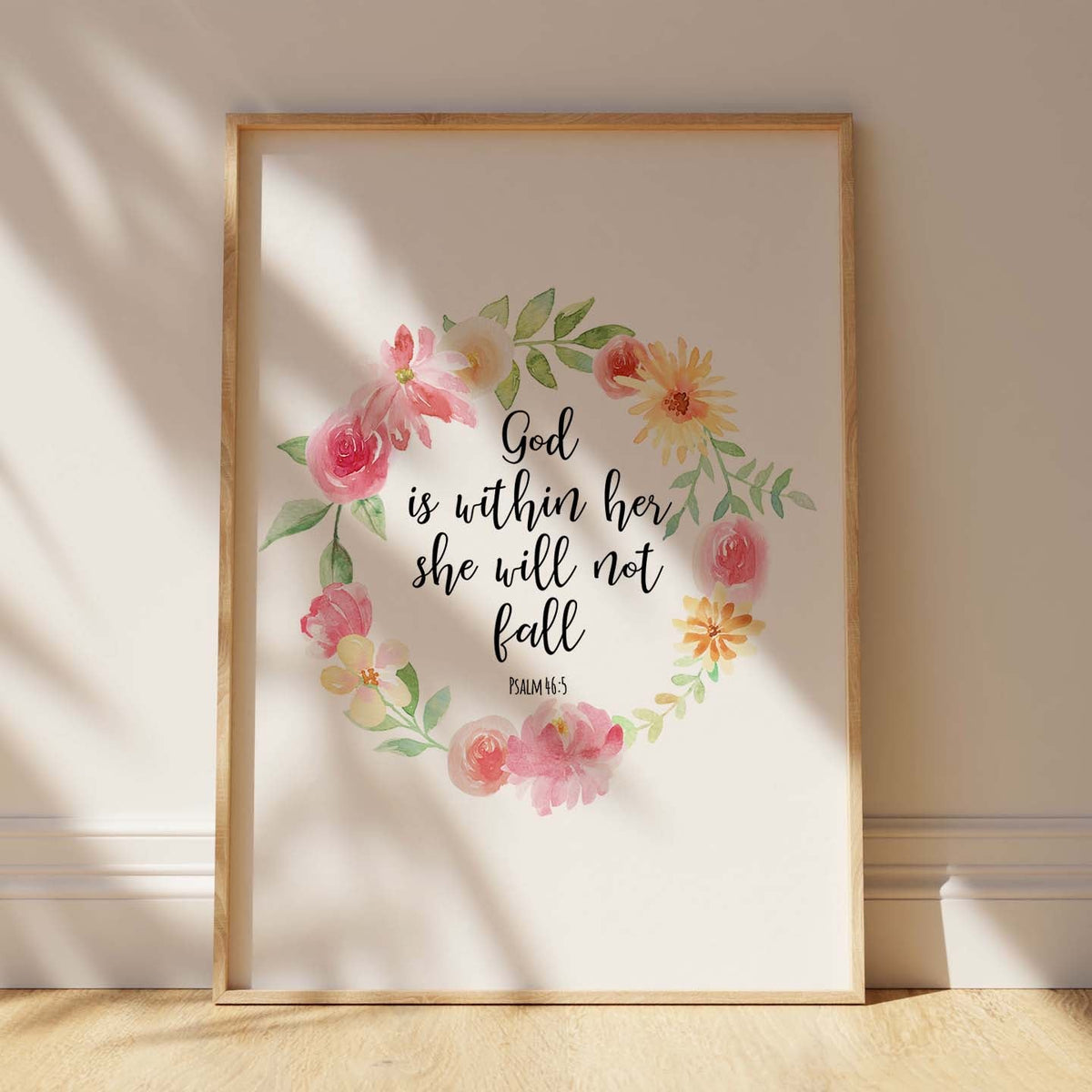 Empowering Bible verse print with floral design, Strength and faith in beautifully designed artwork, Psalm 46:5