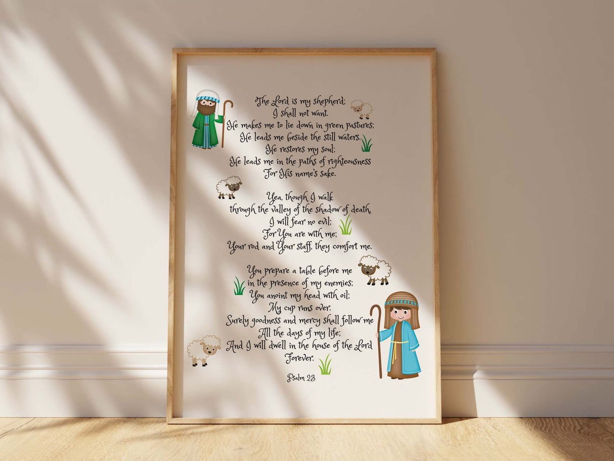 Psalm 23 verse print with pastoral design, Spiritual wall art with Psalm 23, Inspirational print for living room decor