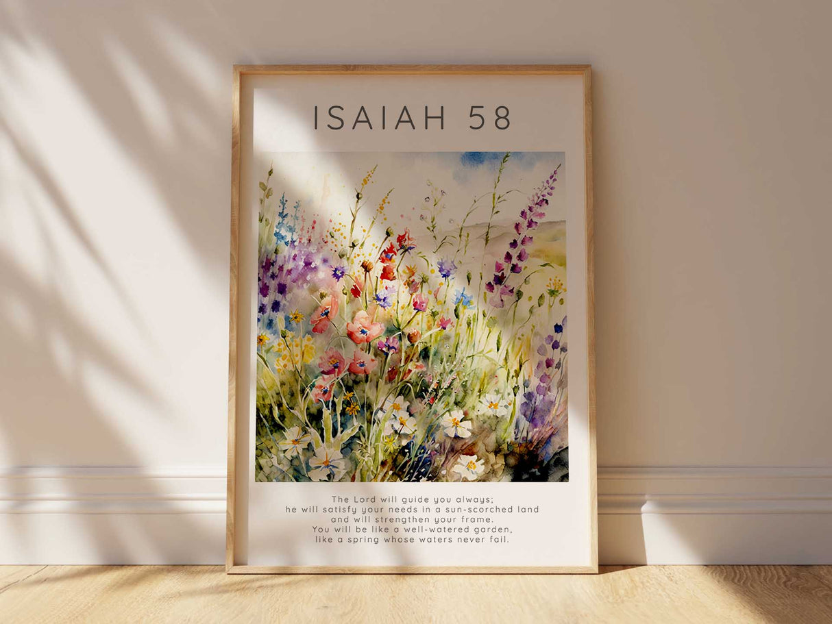 The Lord Will Guide You Christian Wall Art Print, Isaiah 58:11 Bible Verse Print, Encouraging Floral Garden Scripture Home Decor