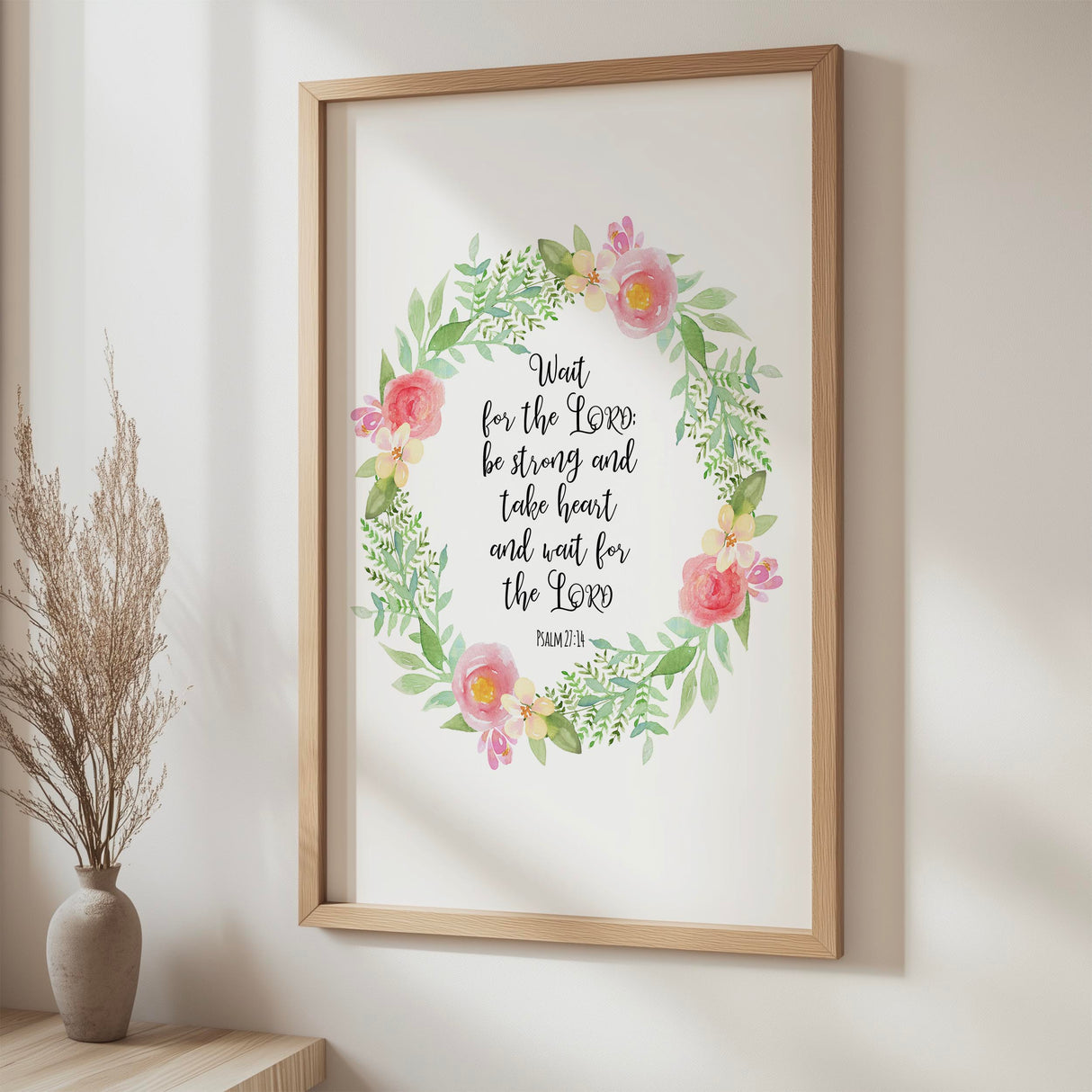 Psalm 27:14 – Christian scripture wall art with floral botanical illustration and verse encouraging trust in the Lord.