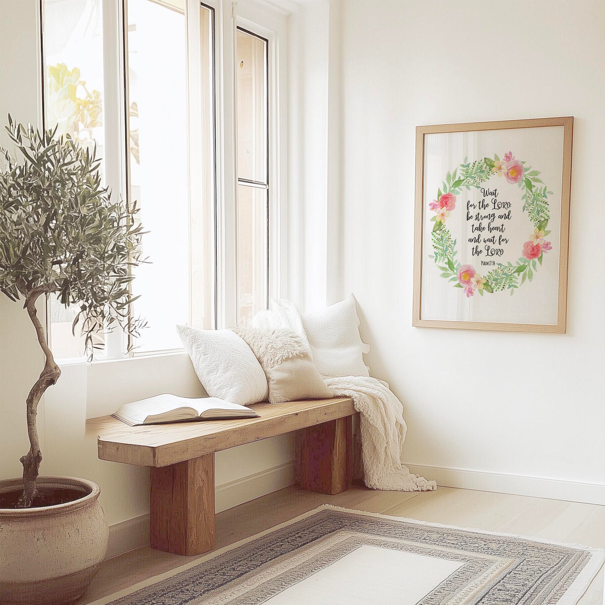 Psalm 27:14 – Wait for the Lord Christian wall art with delicate watercolour flowers and encouraging scripture.