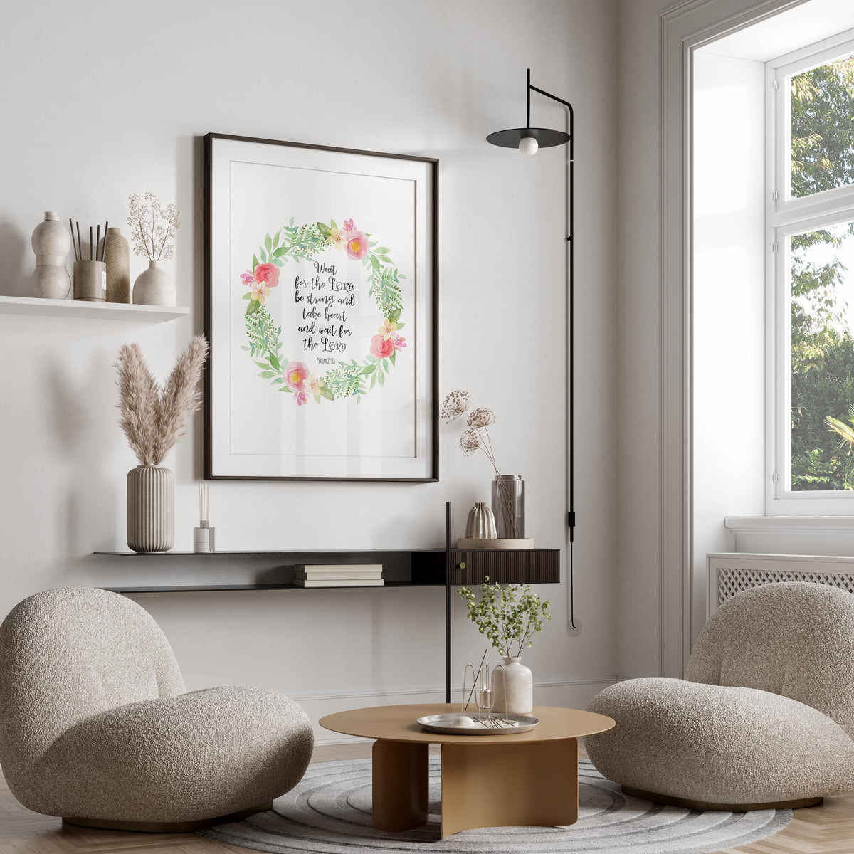 UK-designed scripture artwork, Vibrant floral print with Bible verse, Inspirational wall decor for living spaces
