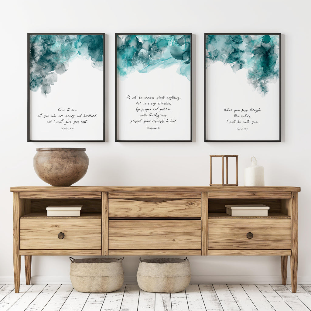 Isaiah 43:2 – Turquoise and black abstract Christian wall art print with comforting Bible verse.