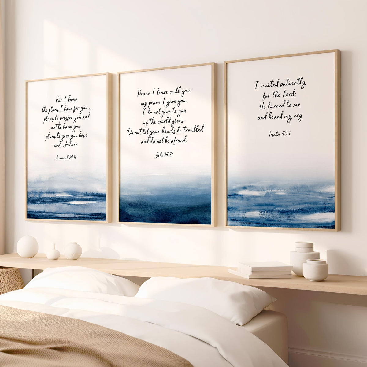 Christian Bible verse print set of three with water-themed blue watercolour accents, displaying scriptures from Jeremiah, John, and Psalms for peace and encouragement.