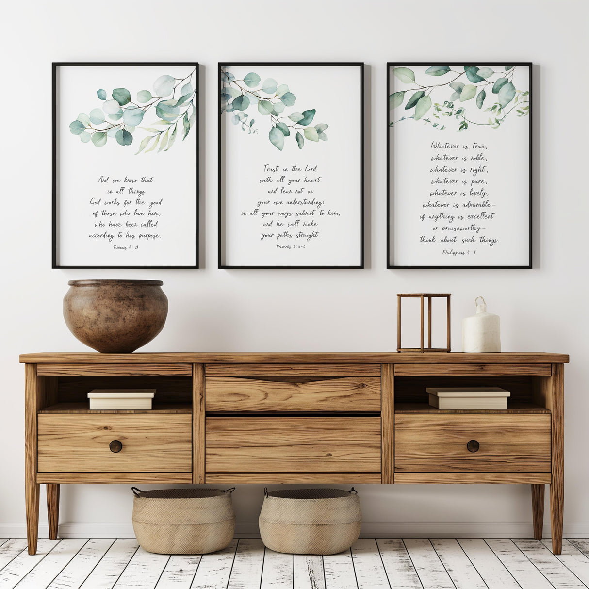 Romans 8:28, Proverbs 3:5–6, Philippians 4:8 – Bible verse wall art set of three with botanical greenery for Christian home decor.