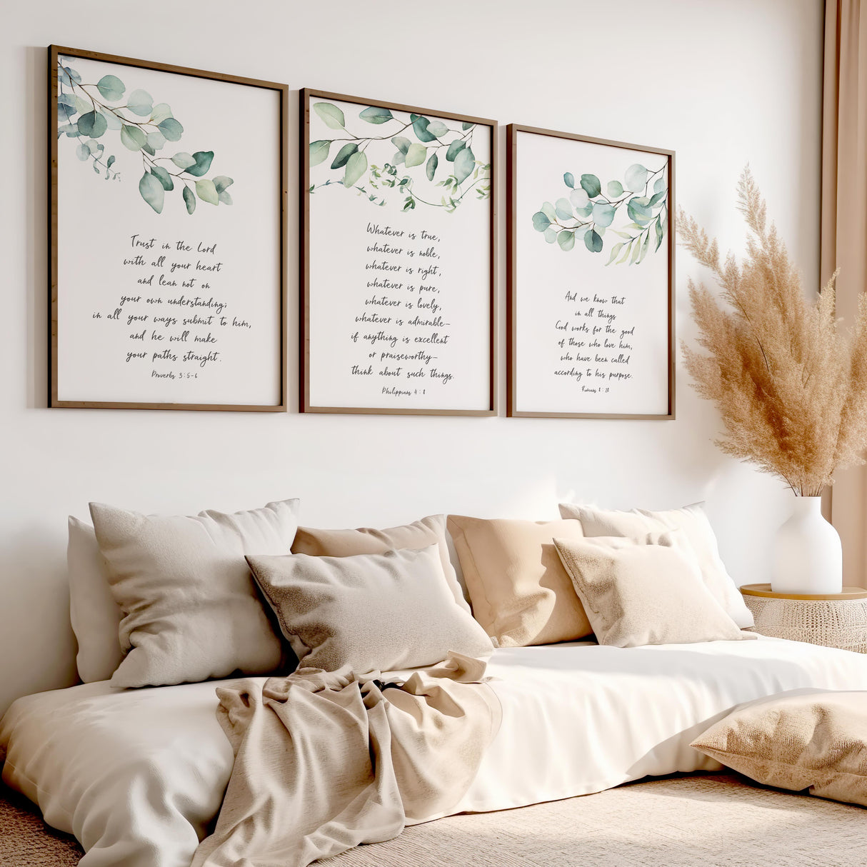 Romans 8:28, Proverbs 3:5–6, Philippians 4:8 – Botanical Christian wall art print set of 3 with green leaf Bible verses.