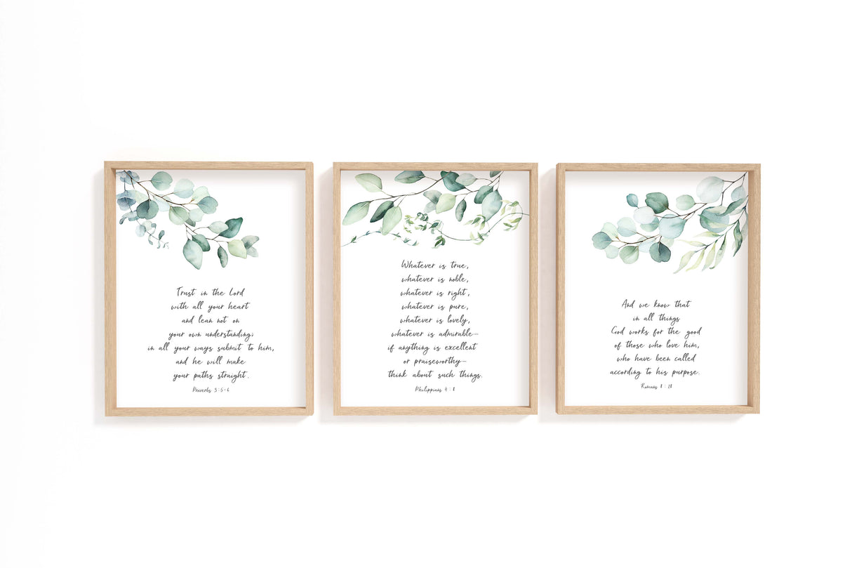 Romans 8:28, Proverbs 3:5–6, Philippians 4:8 – Christian scripture print set with calming green botanical leaves.