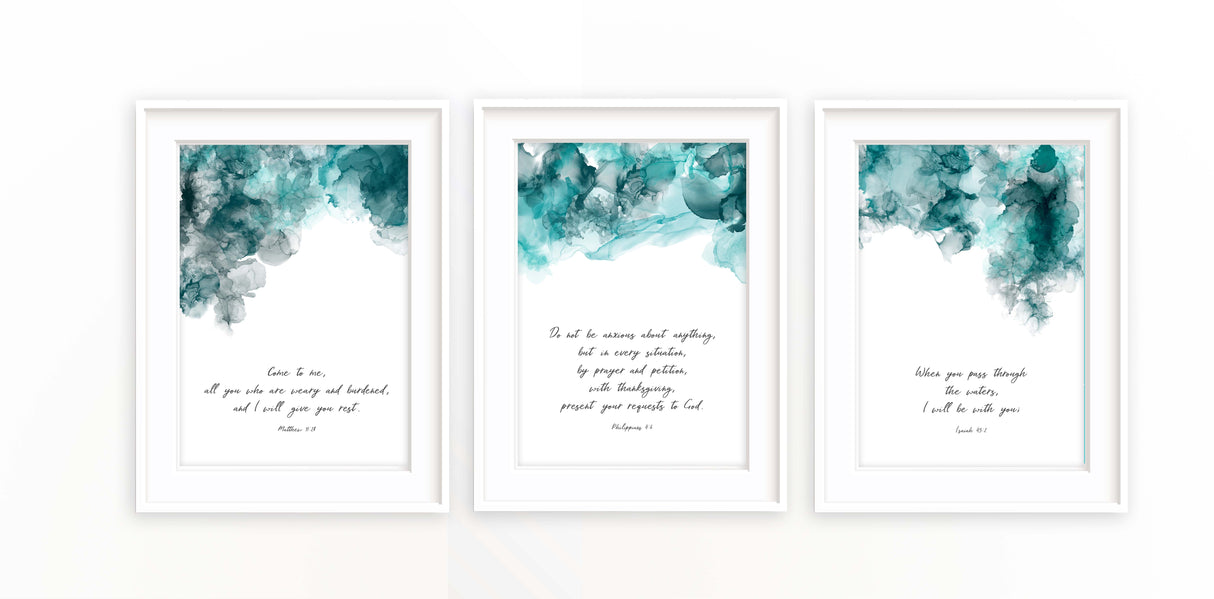 Contemporary Christian wall decor set, Inspirational verse prints for home decor, Modern abstract ink Bible verse art bundle