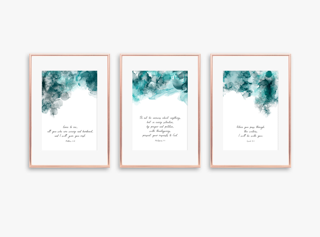 Inspirational verse wall art set, Turquoise and black ink scripture prints, Contemporary Bible verse decor set