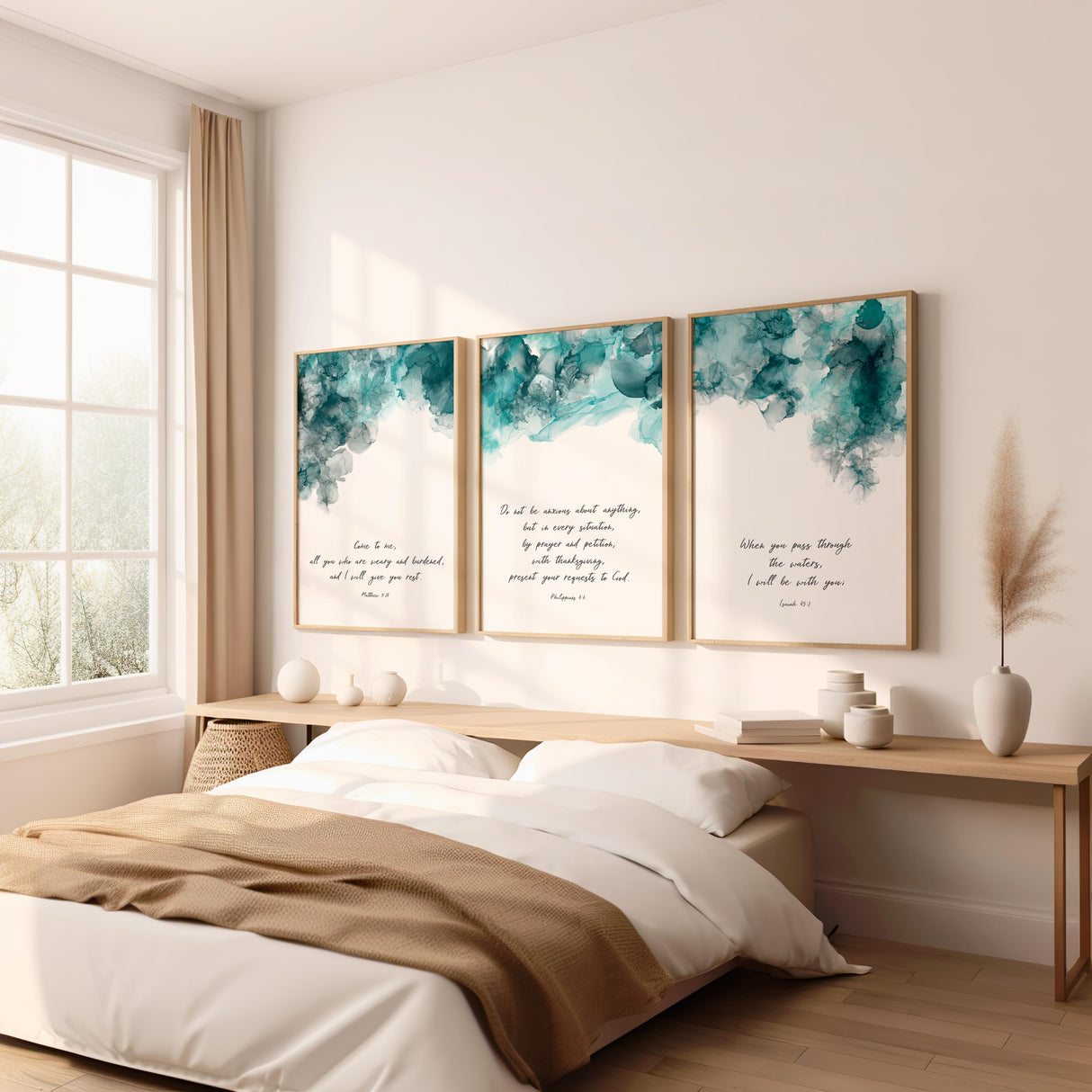 Philippians 4:6 – Modern Scripture art print with turquoise and black ink design and Bible verse.