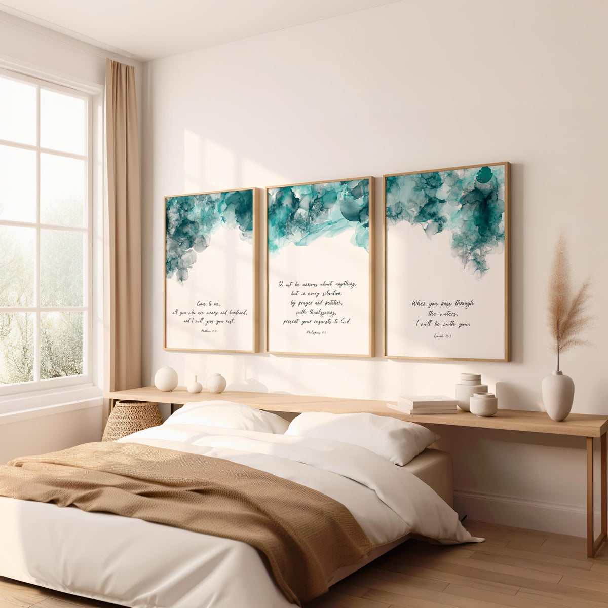 Philippians 4:6 – Modern Scripture art print with turquoise and black ink design and Bible verse.
