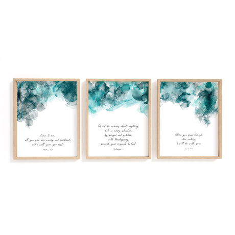 Isaiah 43:2 – Inspirational Bible verse print with turquoise and black abstract background.