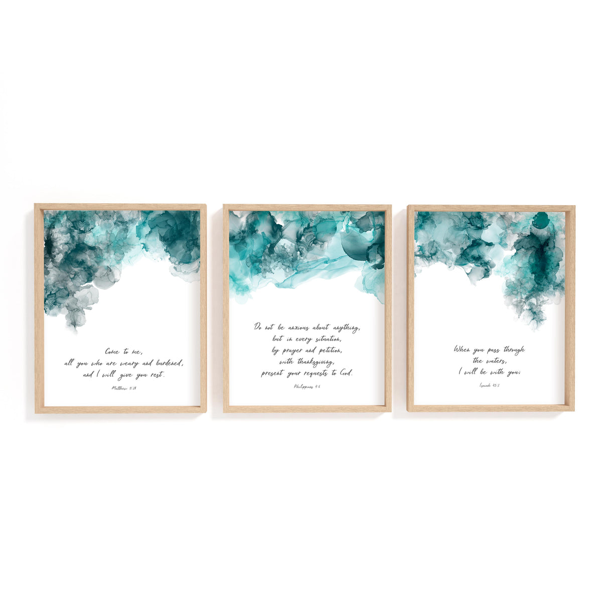 Isaiah 43:2 – Inspirational Bible verse print with turquoise and black abstract background.