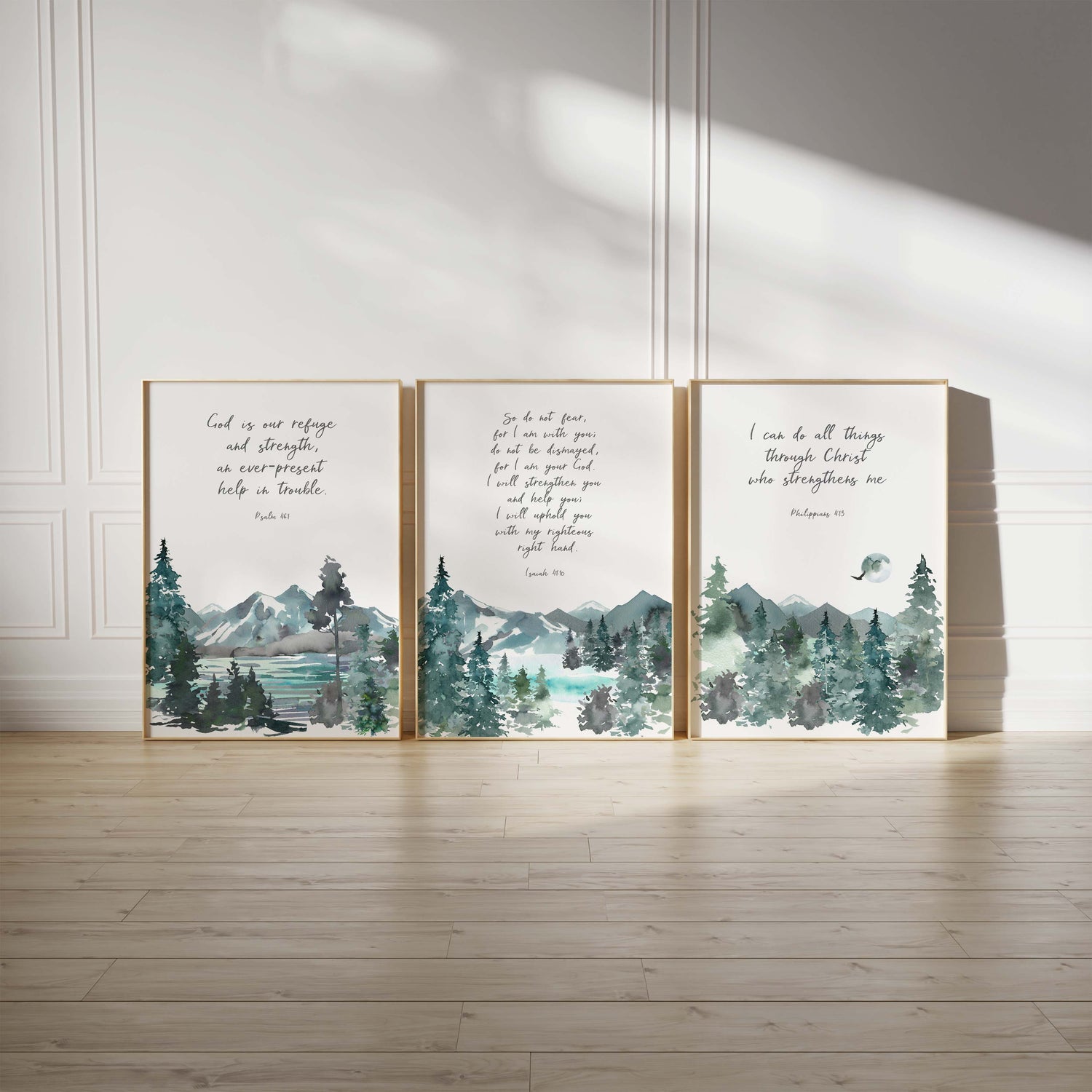 Inspirational wall art featuring Psalm 46, Philippians 4:13, Isaiah 41:10, Watercolour landscape prints